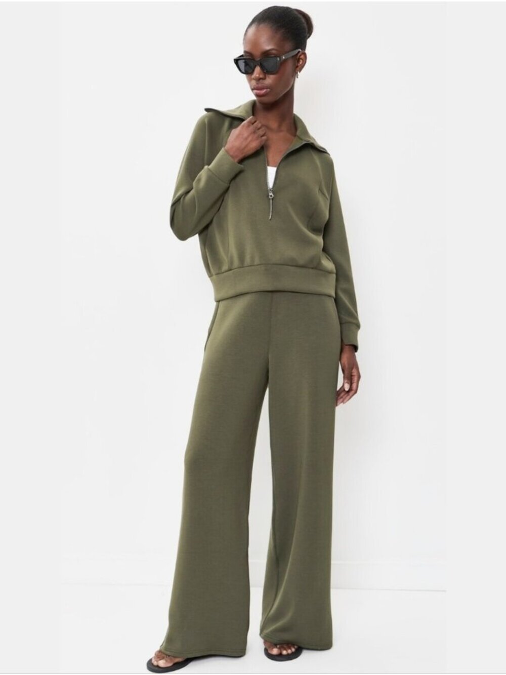 SPANX AirEssentials Half Zip Sweatshirt & Wide Leg Pants Green Medium Large Set